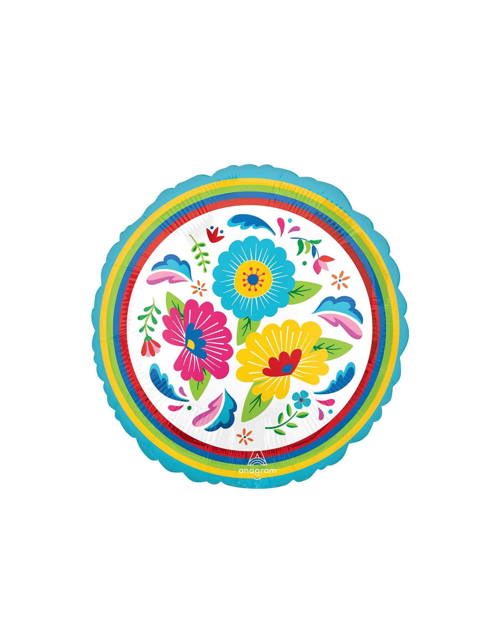 Momo Party's 18" Junior Boho Fiesta Foil Balloon by Anagram Balloons. Accent your fiesta, Cinco De Mayo themed party or Mexican themed party with this junior boho fiesta foil mylar balloon featuring beautiful floral design.&nbsp;This balloon includes a self-sealing valve, preventing the gas from escaping after it's inflated. The balloon can be inflated with helium to float or with a balloon air inflator.