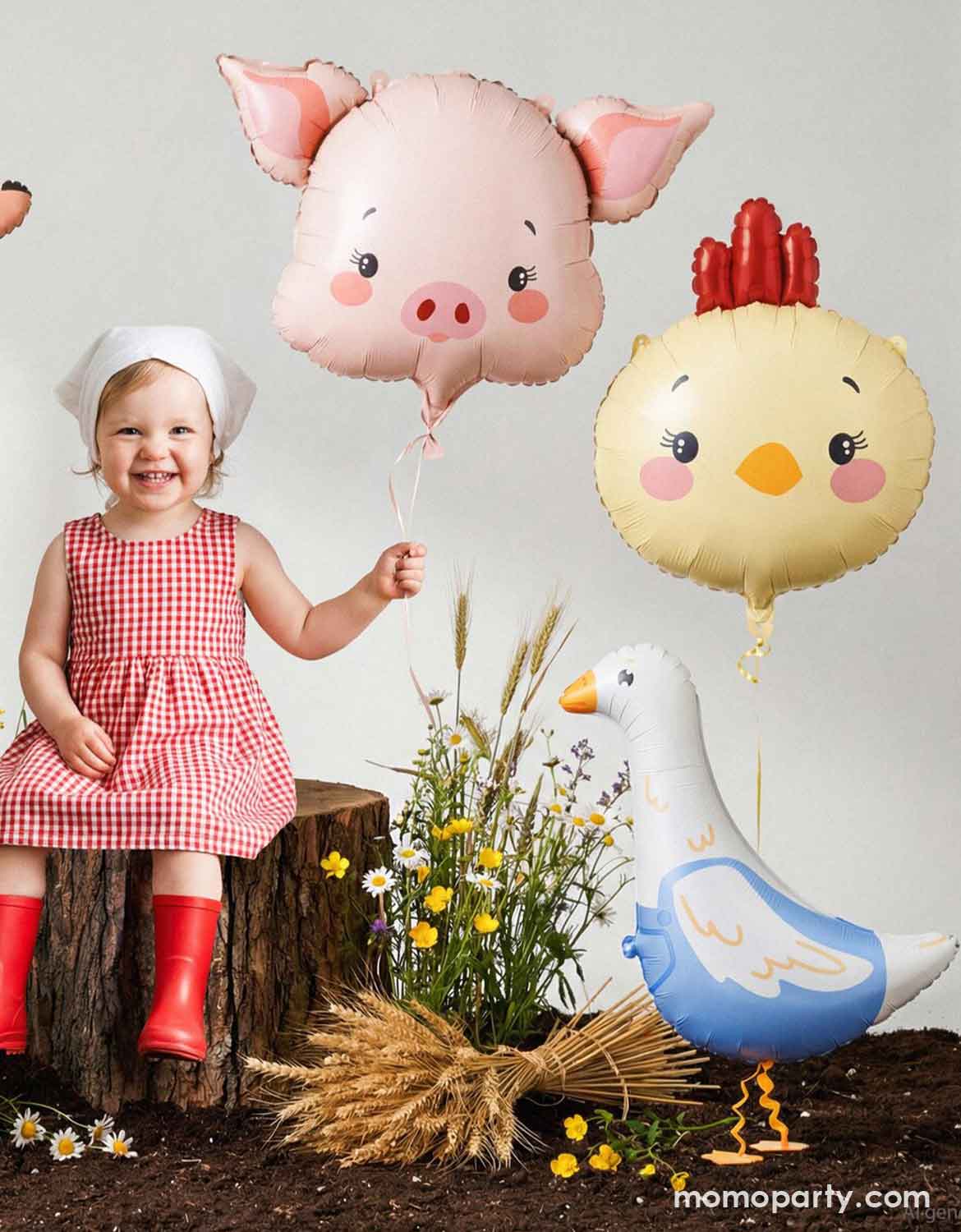 A little toddler girl in a farm inspired red gingham checkered dress and red boots sitting on a tree stump holding Momo Party's 23"  pig head-shaped foil balloon. Next to her are Momo Party's chicken-head shaped foil balloon and goose foil balloon by Party Deco - a perfect inspo for kids farm themed birthdays or harvest themed celebrations!