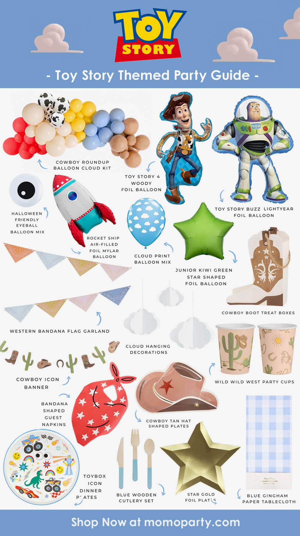 Toy Story themed party guide with various decorations and items on a white background.