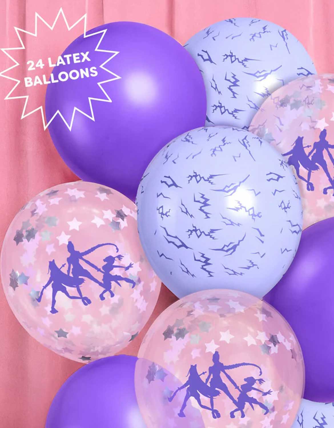 A close-up shot of Momo Party's Kpop Party Latex Balloon Mix in purple, lilac and clear with silver stars and Kpop Demon Hunters silhouettes against a pink curtain background.