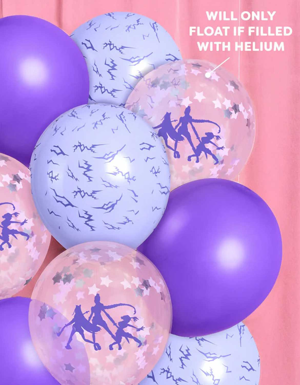A close-up shot of Momo Party's Kpop Party Latex Balloon Mix in purple, lilac and clear with silver stars and Kpop Demon Hunters silhouettes against a pink curtain background.