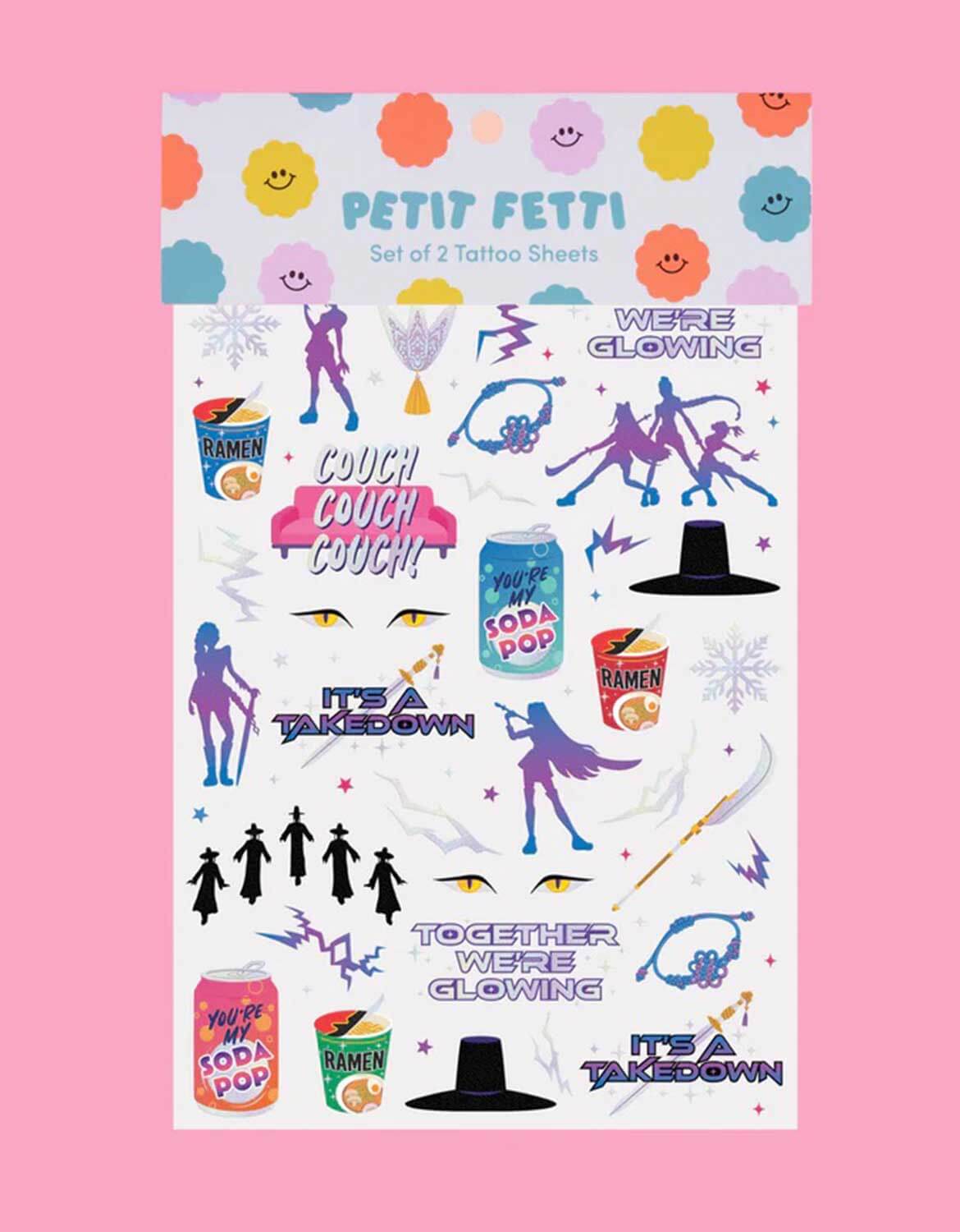 Momo Party's Kpop Demon Hunters themed temporary tattoos sheet with colorful graphics including dancing figures, soda pop cans, lightning power symbols and texts by Xo, Fetti on a pink background.