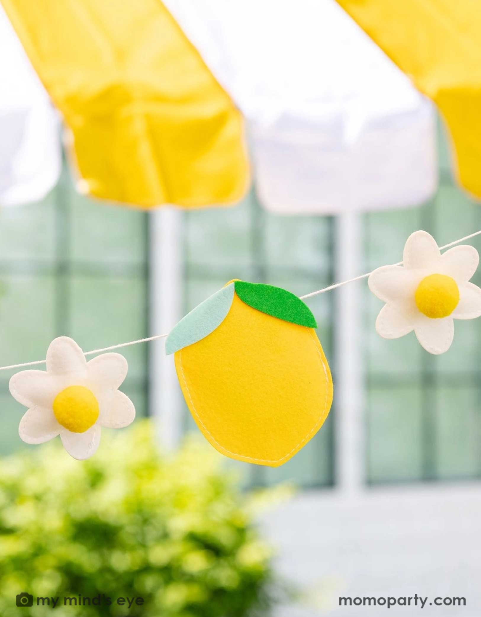Momo Party's 6ft lemon felt banner with lemon and daisy shaped pennants against a blurred outdoor background.