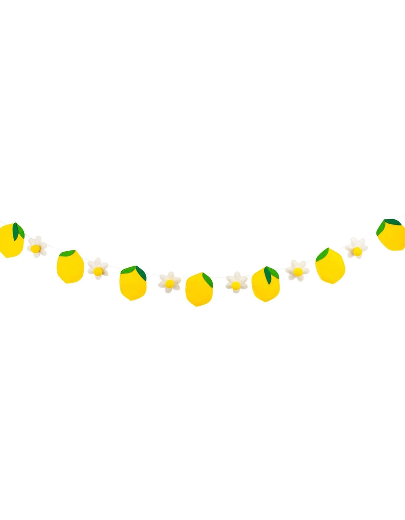 Momo Party's 6ft felt garland with lemon-shaped and daisy shaped pennants by My Mind's Eye on a white background.
