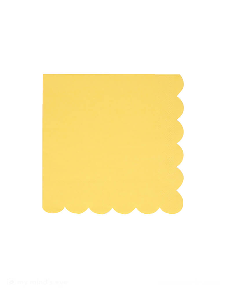 Momo Party's 6.5" x 6.5" lemon sherbet yellow large napkins by Meri Meri. Comes in a set of 16 paper napkins,with the scallop edge, they're perfect to give a summery, happy feel to any party or dinner with family and friends.