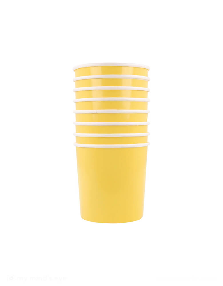 Momo Party's 9oz lemon sherbet yellow tumbler cups by Meri Meri. Comes in a set of 8 paper cups, they're perfect to give a summery, happy feel to any party or dinner with family and friends.