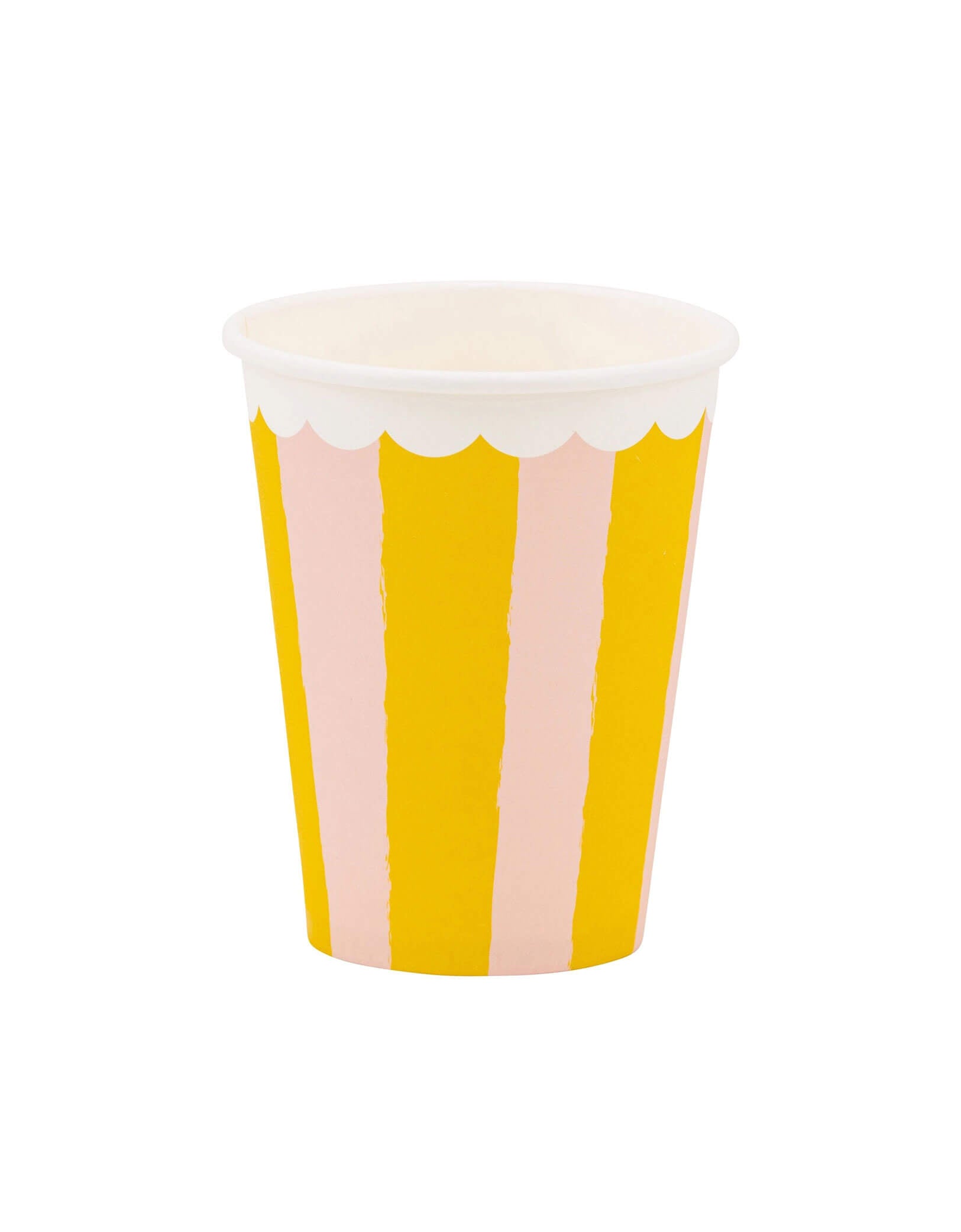 Momo Party's 12 oz Yellow & Pink Striped Party paper cup with yellow and pink vertical stripes by My Mind's Eye on a white background.