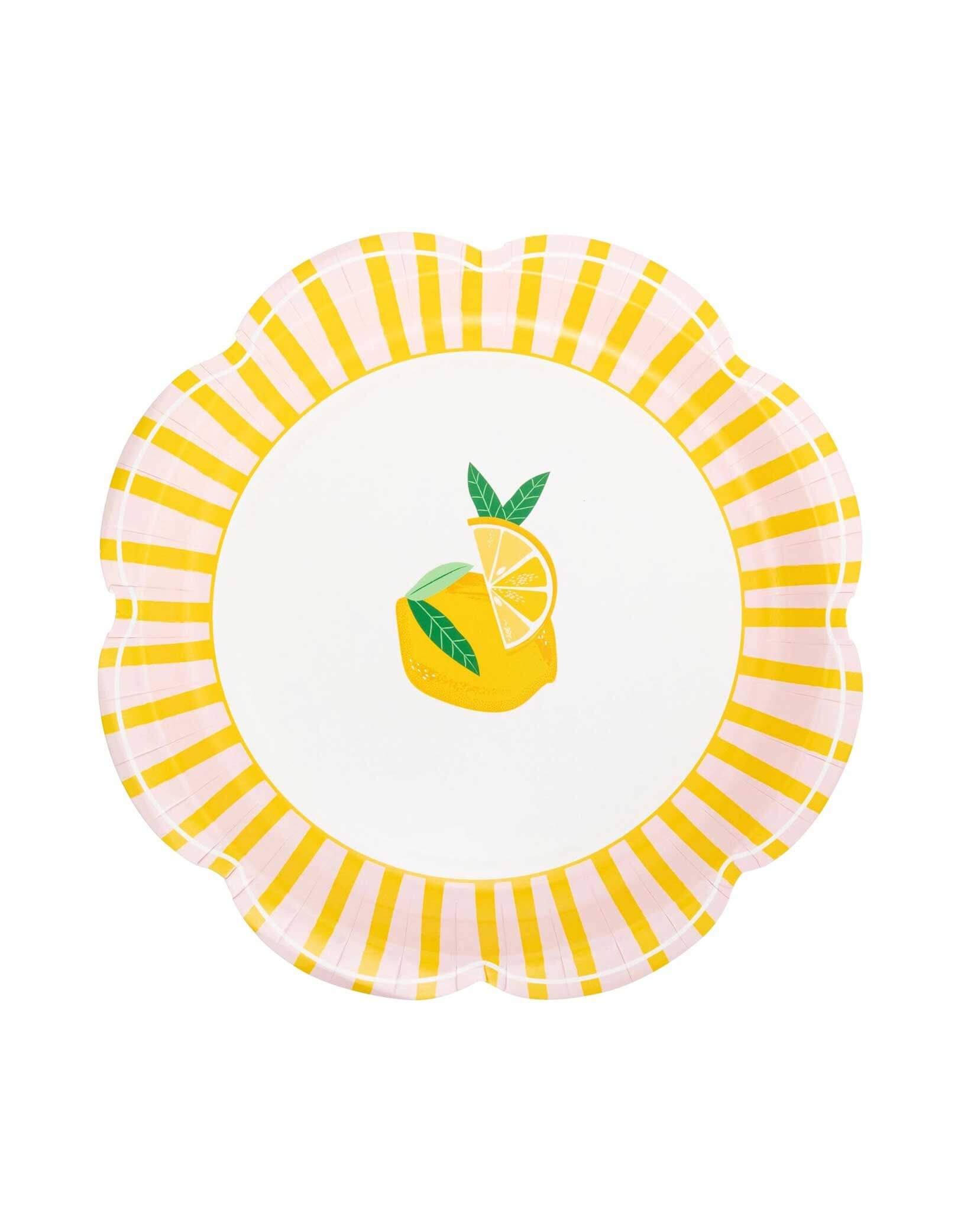 Momo Party's 9" Yellow & Pink Striped Scallops paper plate with lemon design and yellow and pink striped border by My Mind's Eye on a white background.