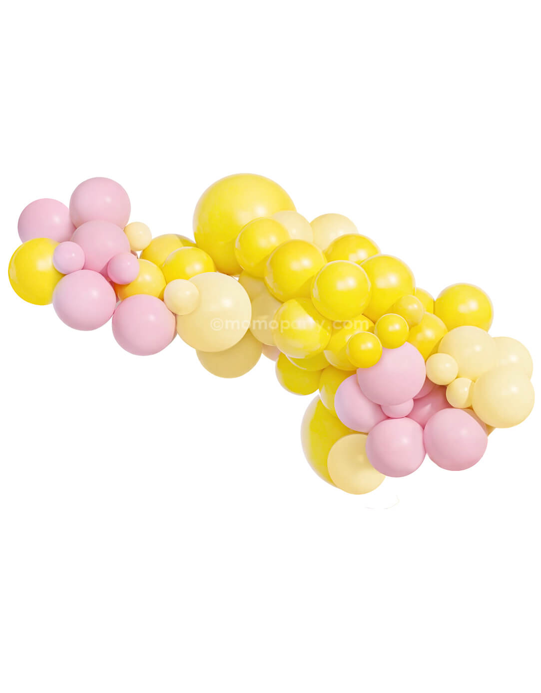 Momo Party's 6ft balloon garland with pastel pink, yellow, and pastel pink latex balloons on a white background, perfect for a lemon or lemonade themed summer party.