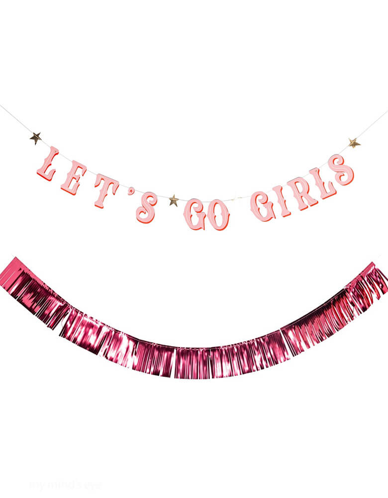 Momo Party's 6.5 ft Let's Go Girls Banner Set by My Mind's Eye. Featuring a fringe banner and a disco cowgirl banner, this set is perfect for adding some fun and flair to any party or event. So gather your girls and let's boogie all night long. This set if perfect for kid's cowgirl themed birthday bashes or a disco cowgirl themed bachelorette party!