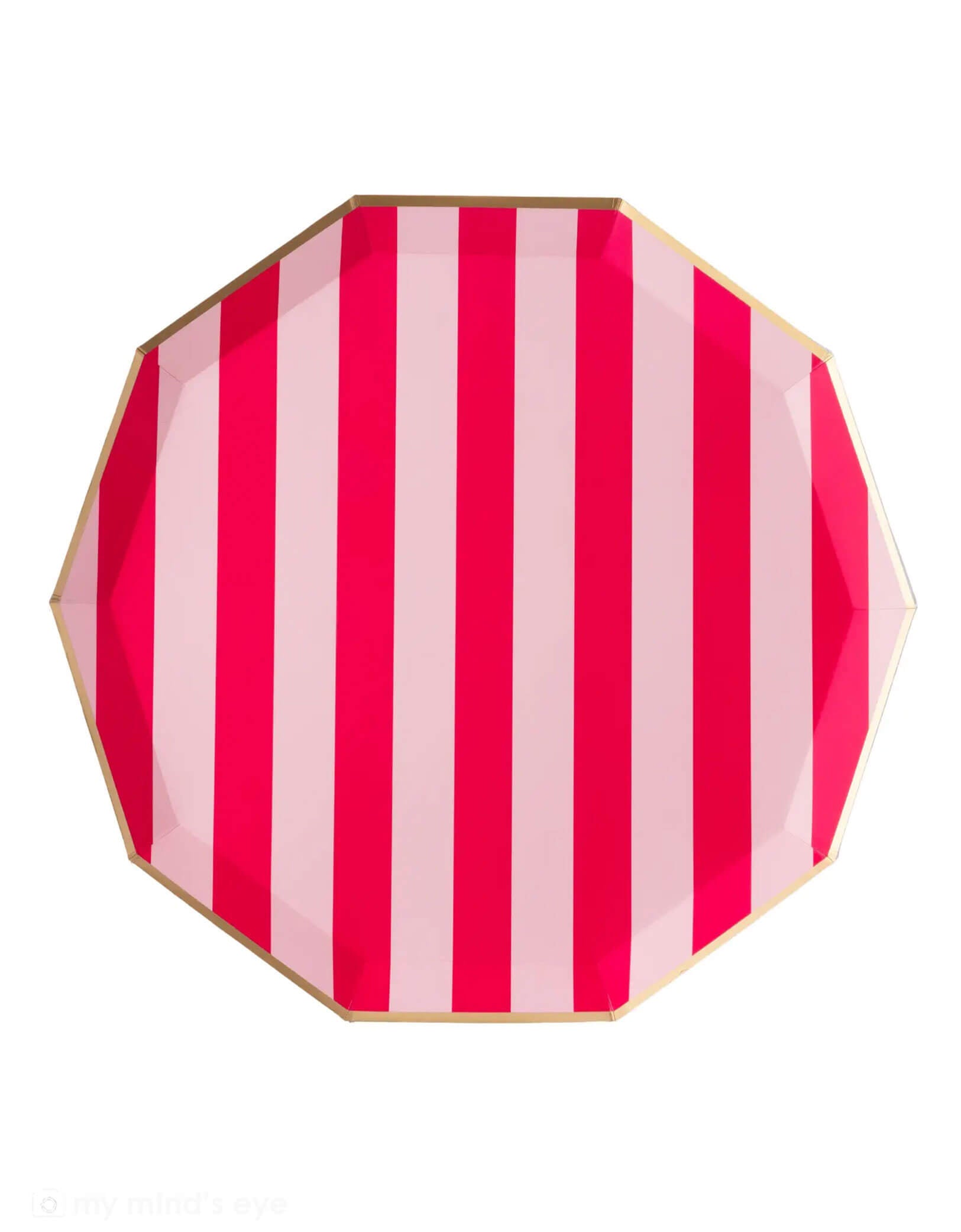 Momo Party's 10.75" octagonal shaped plate with haute pink and light pink vertical stripes by Bonjour Fete on a white background.