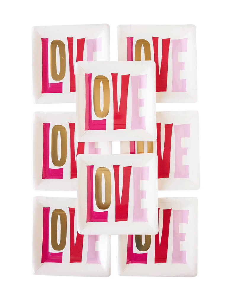 Momo Party's 9" x 9" Square Love Paper Plates by My Mind's Eye. With "LOVE" in a retro type, these groovy plates are perfect for a retro vibe Valentine's Day party.