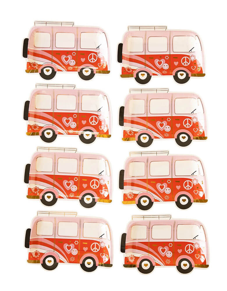 Momo Party's 10" Luv Bus Paper Plates by My Mind's Eye. Comes in a set of 8 plates, featuring retro designs including daisy flowers, hearts, smiley faces and love and peace sign on a red and pink VW bus, these plates are perfect for a retro groovy themed Valentine's Day celebration!