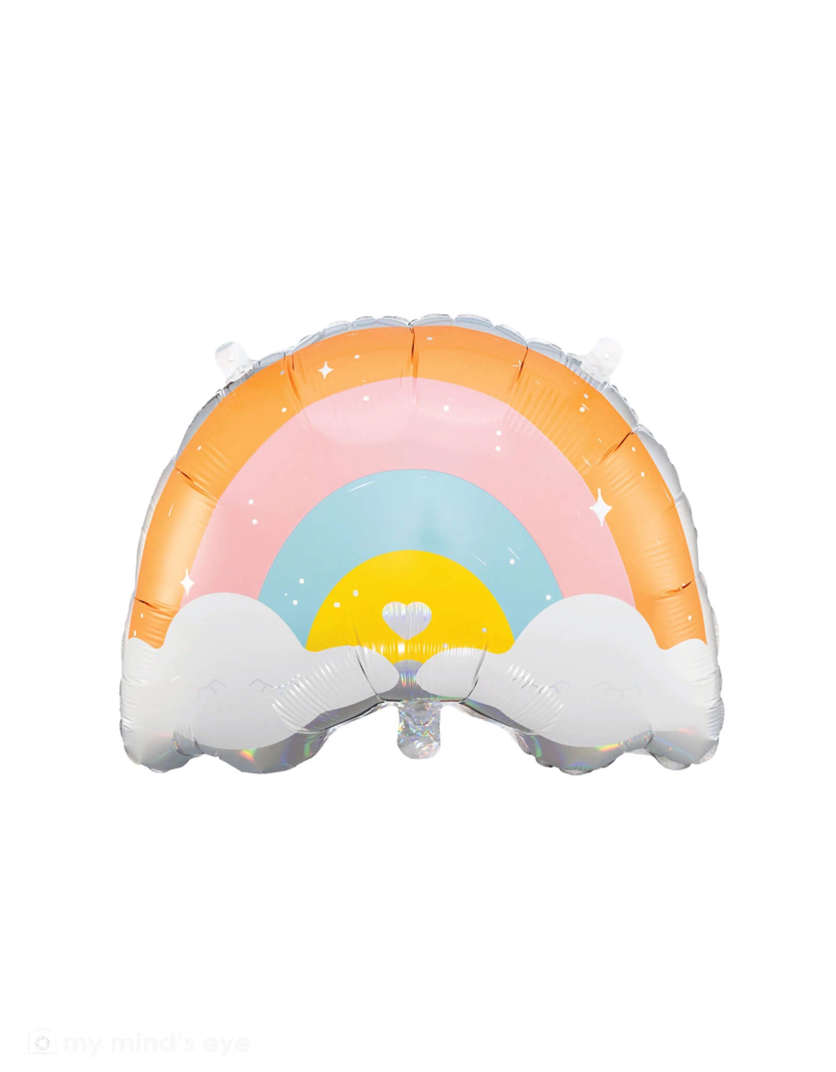 Momo Party's 21.5" x 15.5" colorful rainbow-shaped foil balloon with clouds by Party Deco on a white background.
