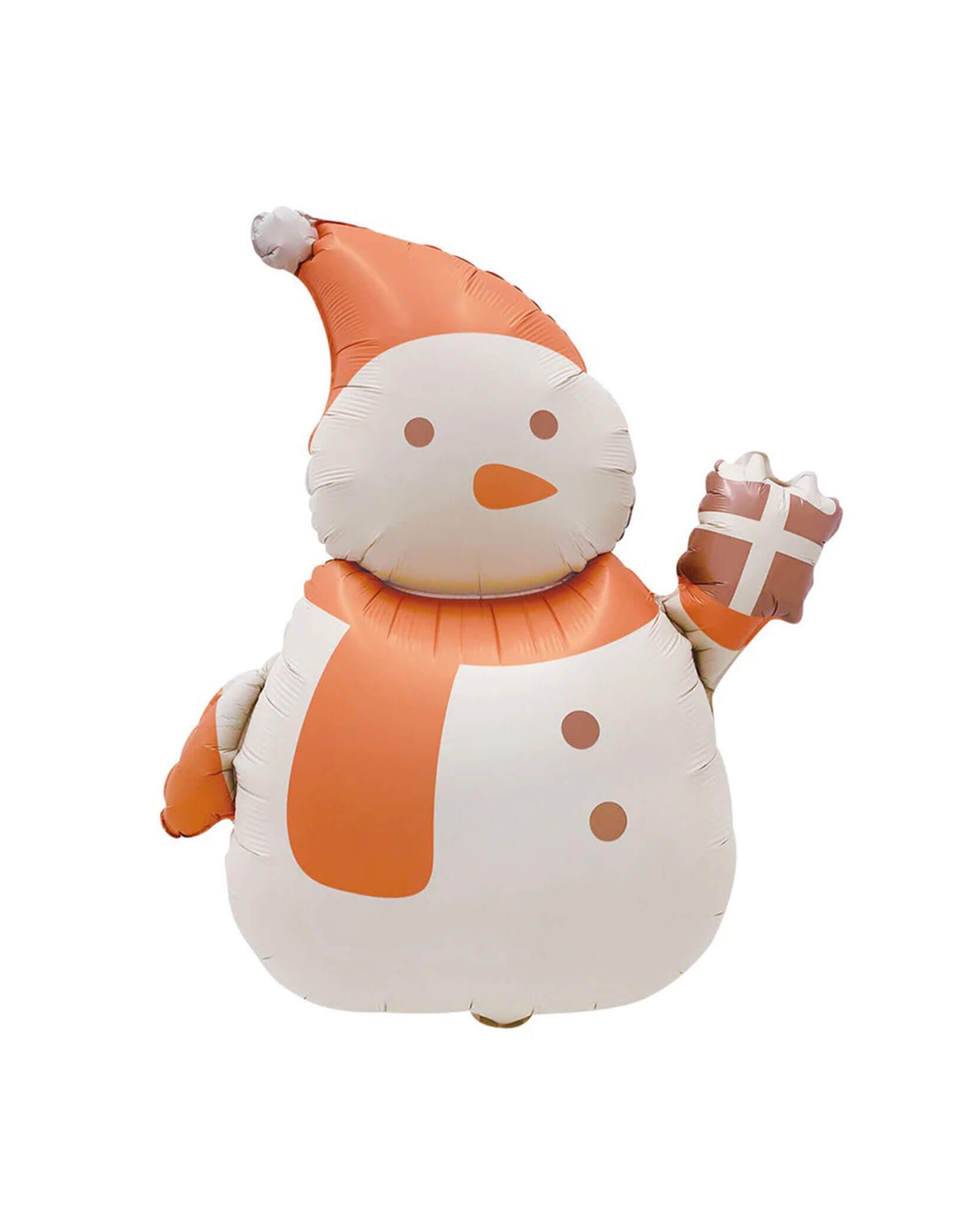 Momo Party's 33" matte snowman shaped foil balloon with an orange hat and scarf, holding a gift, on a white background.