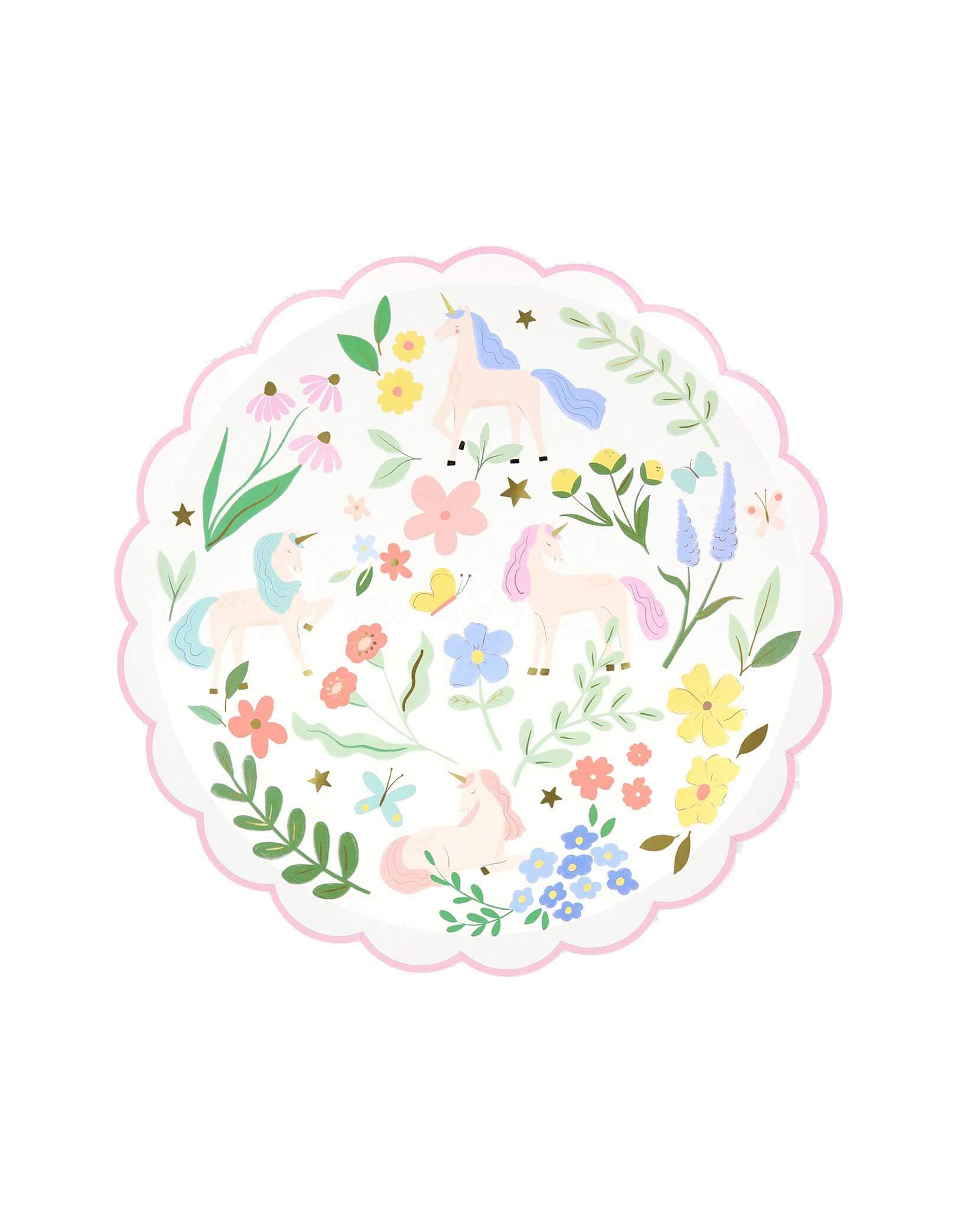 Momo Party's 8.5" Meadow Unicorns Dinner Plate by Meri Meri. These paper plates, with a stylish scalloped border, will instantly make your unicorn or princess party look so magical. Great for mixing and matching with pastel tableware and decorations.
