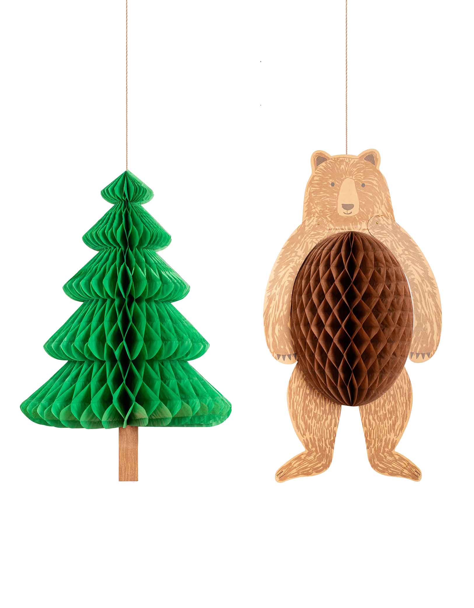 Momo Party's 32.5" & 31" Camping Adventure Giant Hanging Decorations by Meri Meri. Bring the beauty of the outdoors to your woodland-themed party with these giant statement decorations. Hang the bear and the tree, both with honeycomb details for a 3D effect, together or separately for the adventurous effect you want. Perfect to hang on the wall, in the porch or let them sway outside in the breeze. Reuse time and time again to delight your guests. 