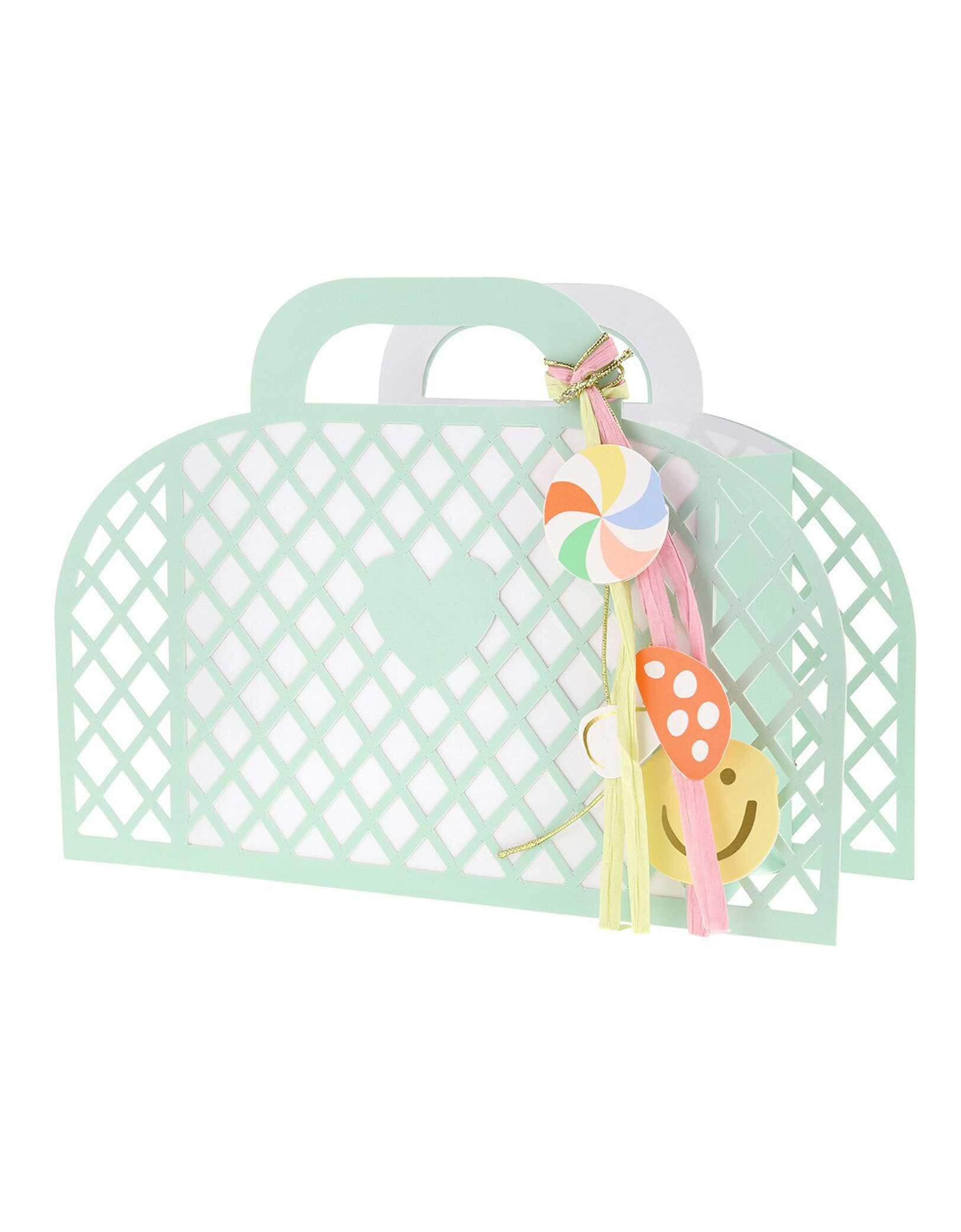 Momo Party's pastel mint paper tote basket with decorative keychain charm elements by Meri Meri on a white background.