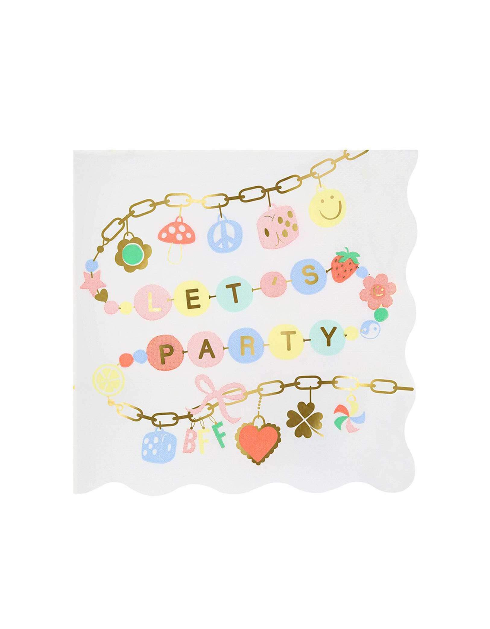 Momo Party's 6.5" x 6.5" Charm Party Large Napkin with 'Let's Party' text in gold foil and colorful charms by Meri Meri on a white background. A perfect fun set of napkins for girl's sleepover party or a BFF gathering.