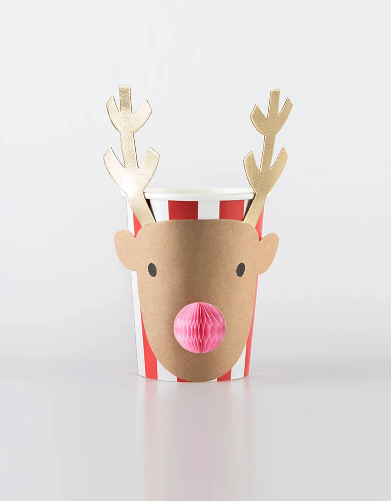 Momo Party's 9oz Christmas reindeer honeycomb party cups in red stripes by Meri Meri. The honeycomb details add a fabulous 3D effect, and they're perfect for festive drinks or for party favors, treats and snacks. They also make wonderful cups to leave out a drink for a thirsty reindeer on Christmas Eve!