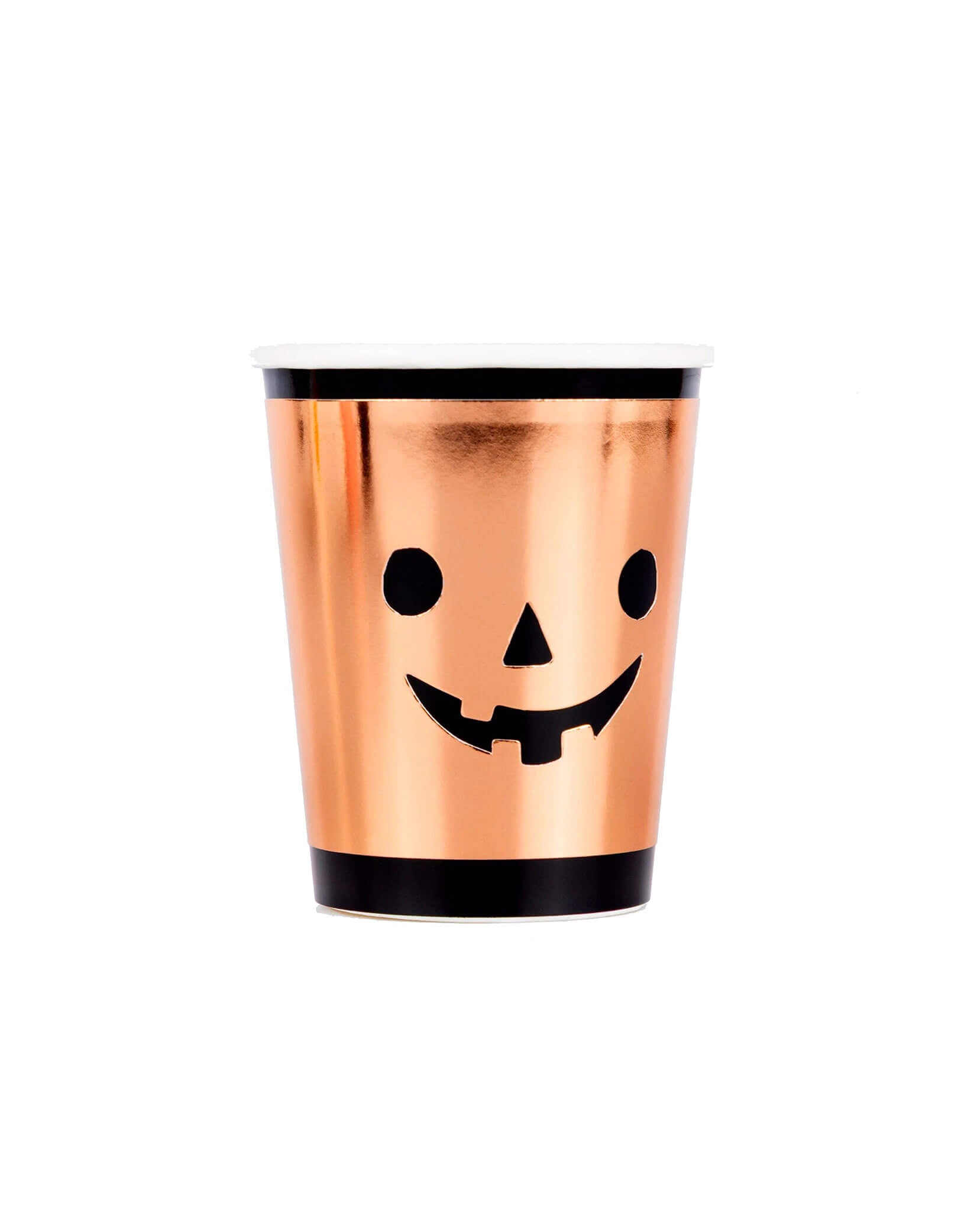 Momo Party's 9 oz copper-colored tumbler party cup with a jack-o'-lantern face design by Meri Meri on a white background. Comes in a set of 8 paper cups, these happy pumpkin paper cups bring a playful touch to your Halloween celebrations. With their shiny copper finish, and bold black details, they'll add just the right amount of Halloween magic to your table. Get ready for a frightfully fun feast!