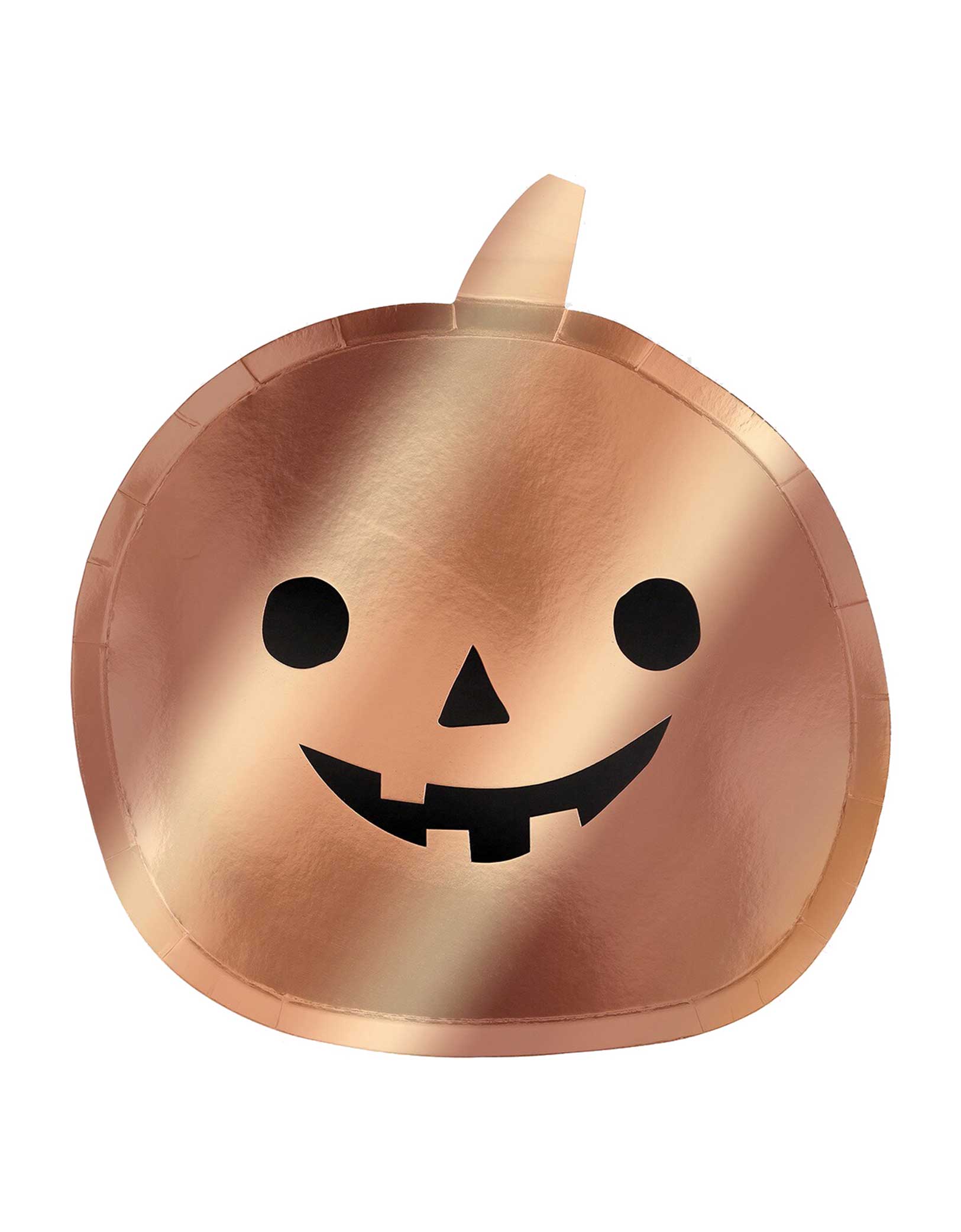 Momo Partys'  9" x 9.5" Copper Pumpkin Plate by Meri Meri. These happy pumpkin paper plates bring a playful touch to your Halloween celebrations. Comes in a set of 8 paper plates, with their shiny copper finish and bold black details, these plates add just the right amount of Halloween magic to your table. Get ready for a frightfully fun feast!