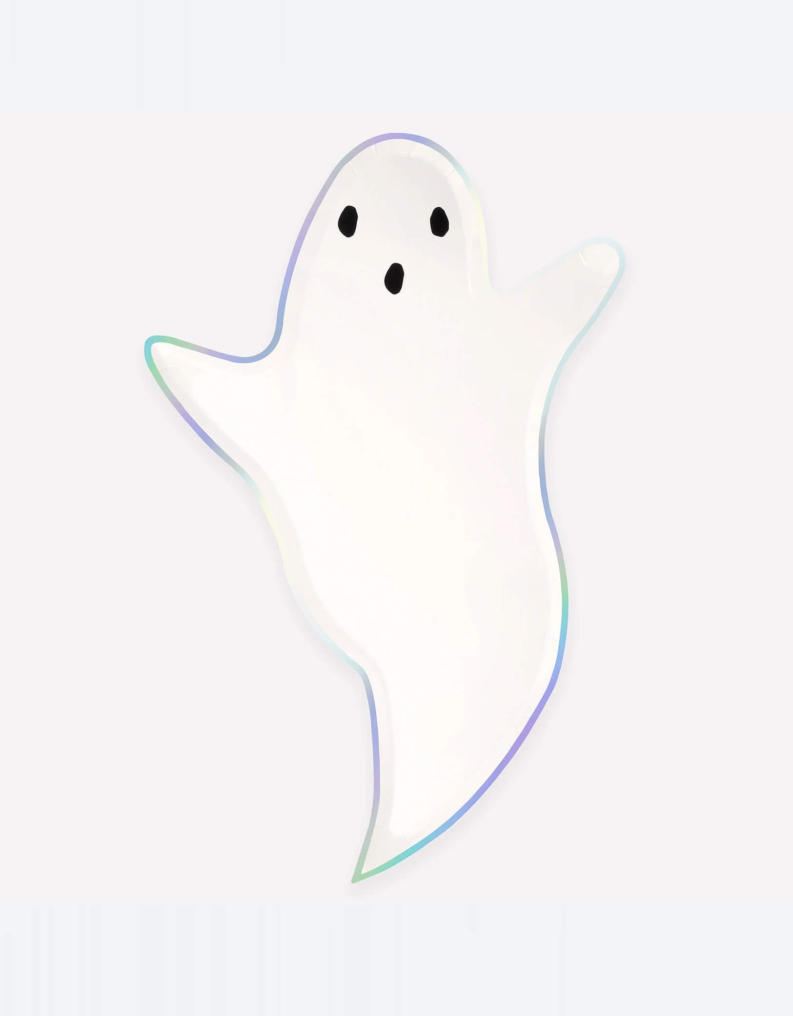 Momo Party's 9" x 13.25" ghost shaped plate by Meri Meri on a white background.  Designed with a classic floaty ghost silhouette and a dazzling silver holographic foil border, they create a hauntingly cool effect. Perfect for kid-friendly gatherings or creepy cocktail parties!