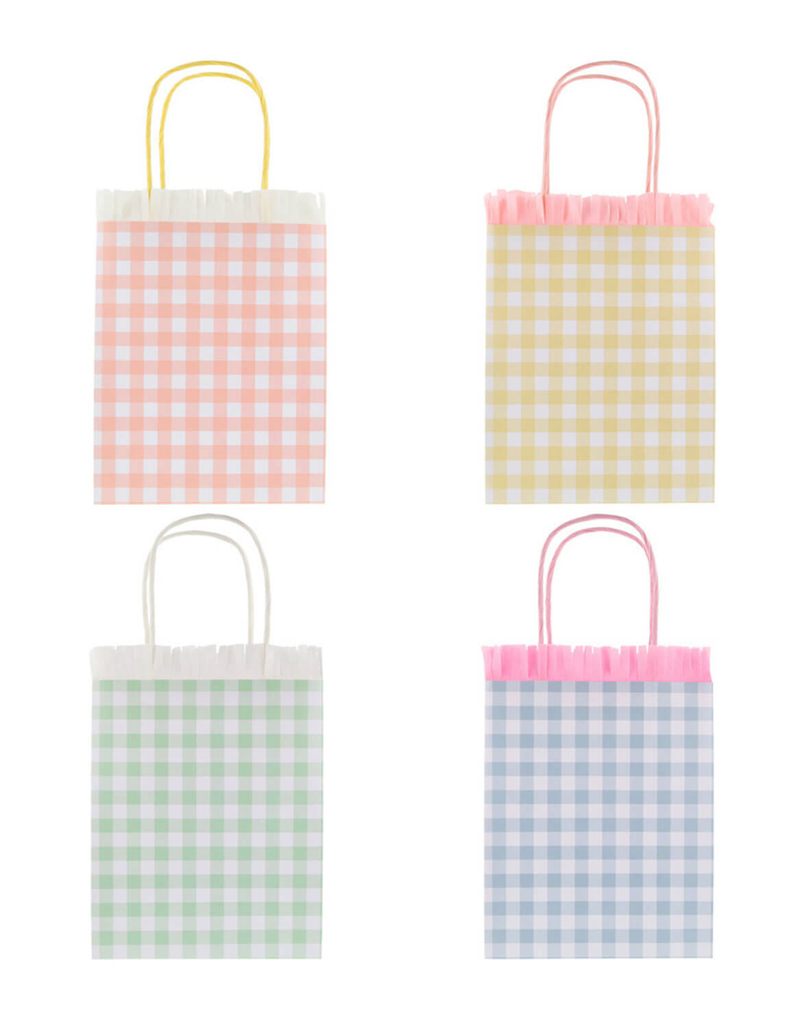 Momo Party's four small paper party bags with gingham patterns in pink, yellow, green, and blue by Meri Meri on a white background.