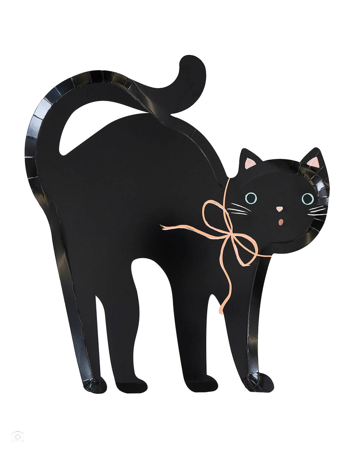 Momo Party's black cat-shaped party plate with a glossy finish, featuring light pink inner ears, a peach bow around its neck, and small white and blue eye details by Meri Meri, shown on a plain white background.