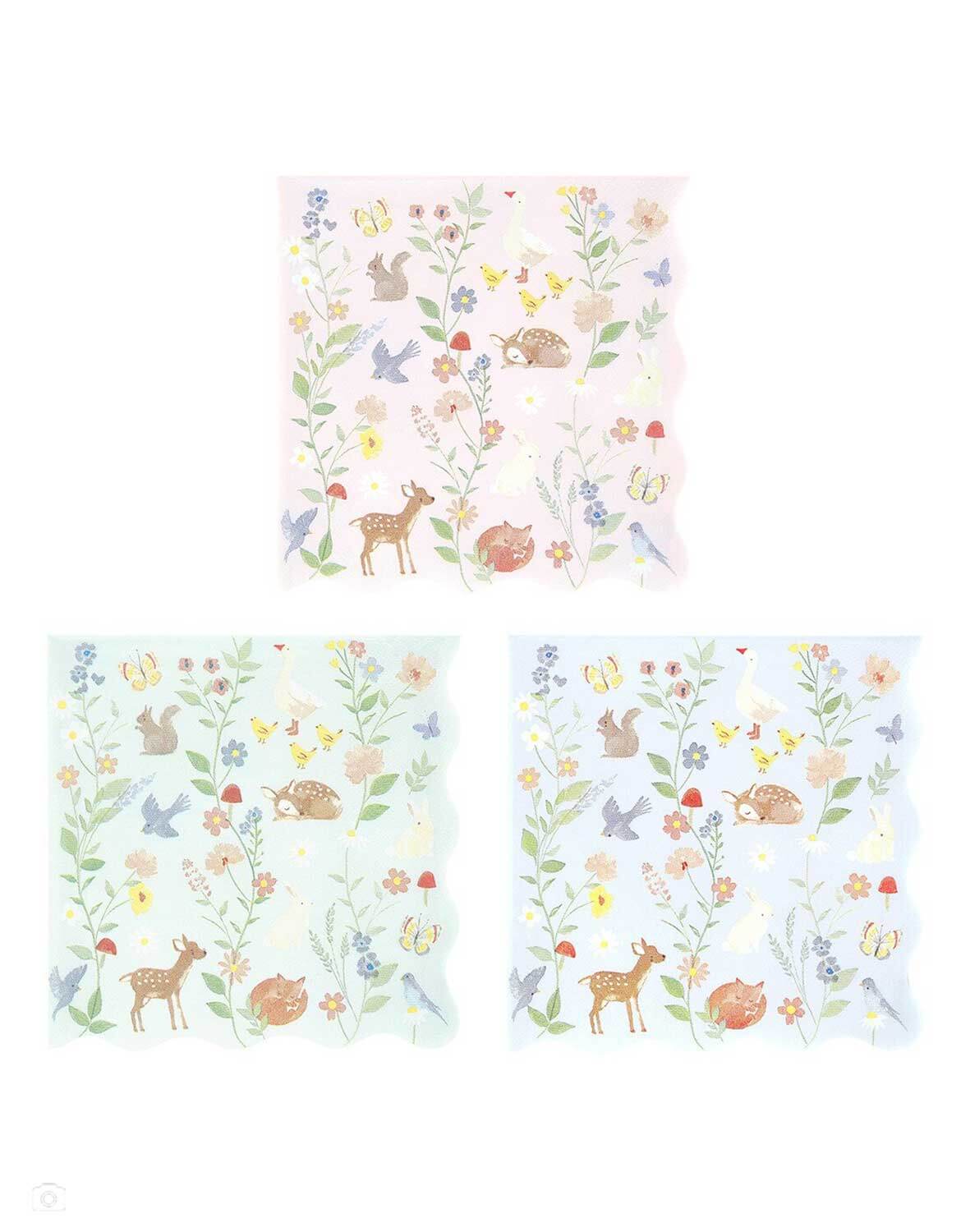 Momo Party's set of three 6.5" cottage inspired large napkins with forest little animal and floral illustrations on them in pastel pink, mint and blue by Meri Meri on a white background.