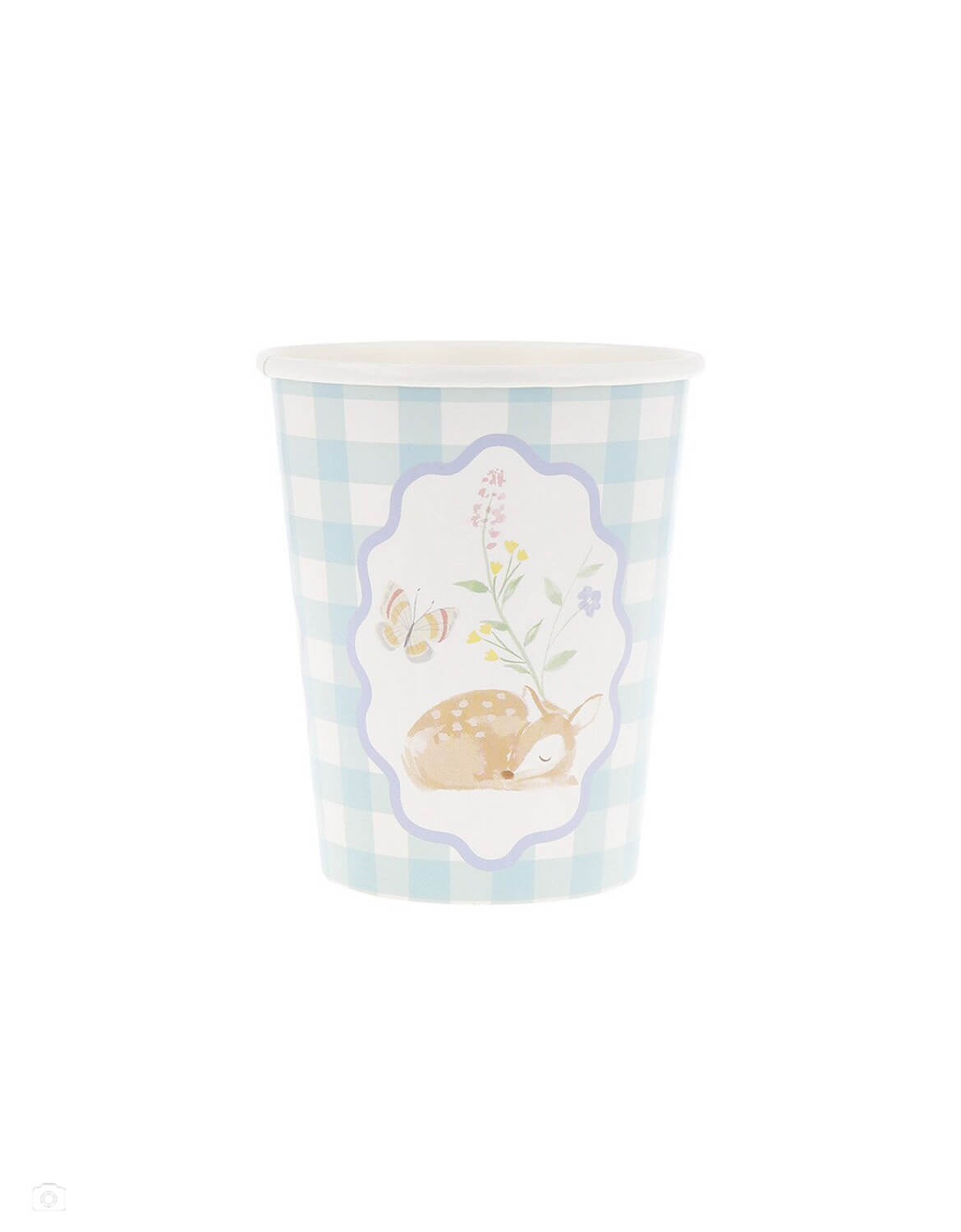Momo Party's 9 oz pastel blue gingham paper cup with an adorable deer illustrations in soft colors on a white background.