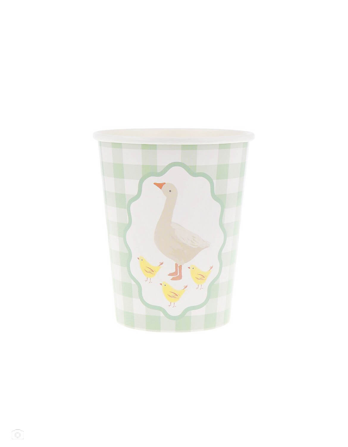 Momo Party's 9 oz pastel green gingham paper cup with an adorable goose illustrations in soft colors on a white background.