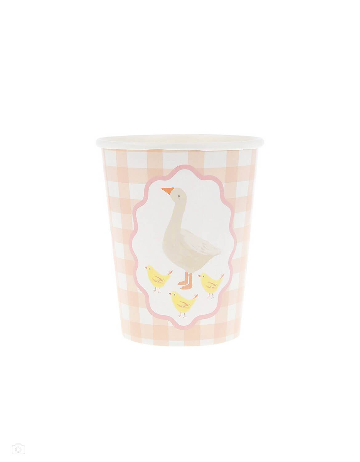 Momo Party's 9 oz pastel pink gingham paper cup with an adorable goose illustrations in soft colors on a white background.