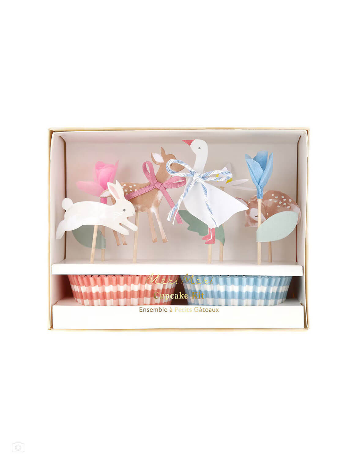 Momo Party's set of cupcake toppers with animal designs including fawns, a rabbit, a goose, and flowers in a box by Meri Meri on a white background.