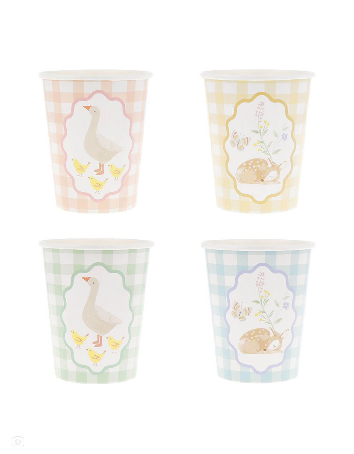 Four Momo Party's 9 oz gingham paper cups with cottage themed rustic little animal illustrations in soft pastel colors on a white background.