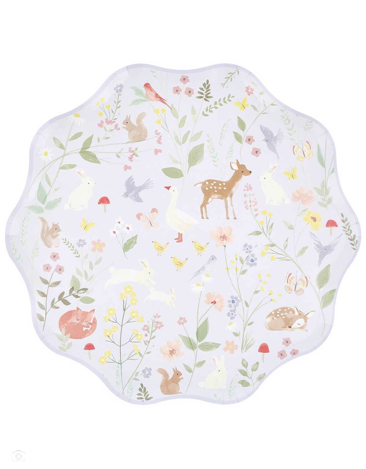 Momo Party's 10.5" cottage inspired dinner plate with forest little animal and floral illustrations on it in pastel blue by Meri Meri on a white background.