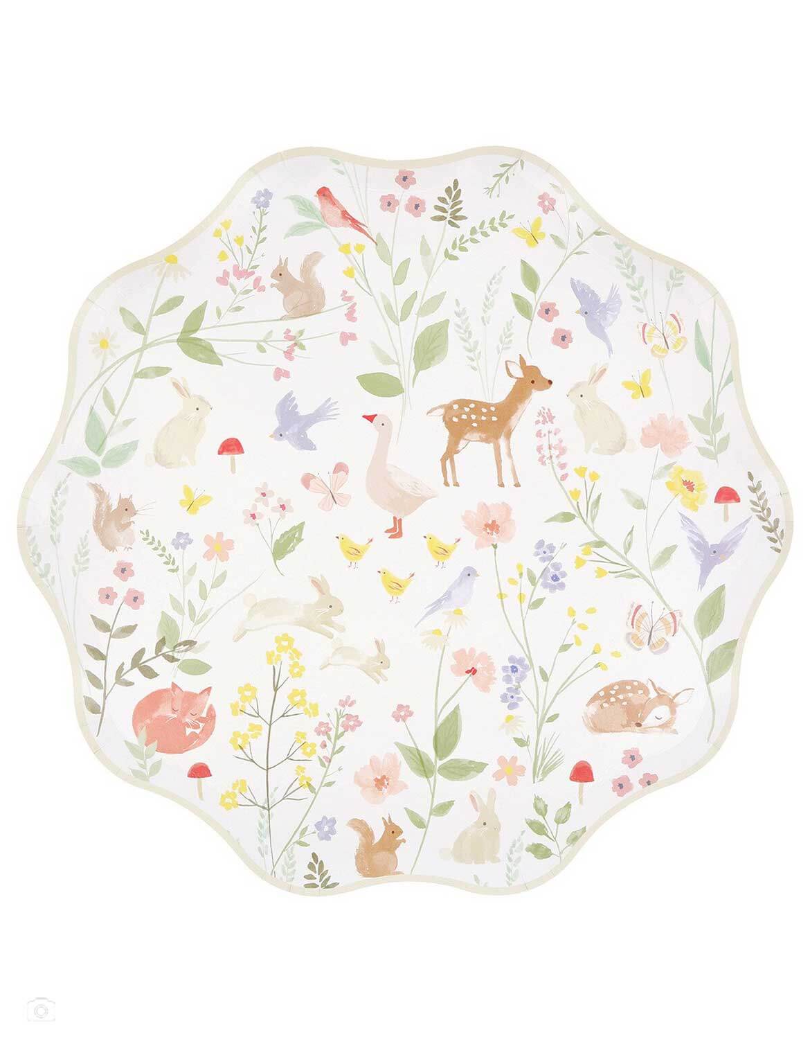 Momo Party's 10.5" cottage inspired dinner plate with forest little animal and floral illustrations on it in off white color by Meri Meri on a white background.