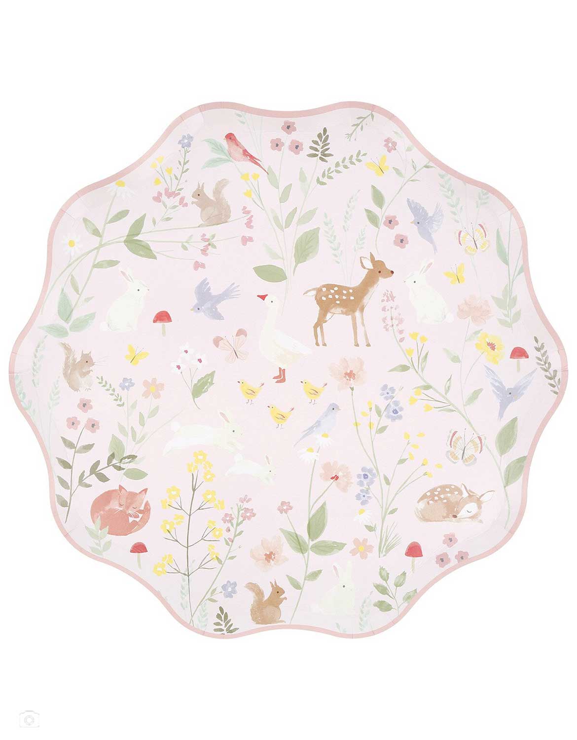 Momo Party's 10.5" cottage inspired dinner plate with forest little animal and floral illustrations on it in pastel pink by Meri Meri on a white background.