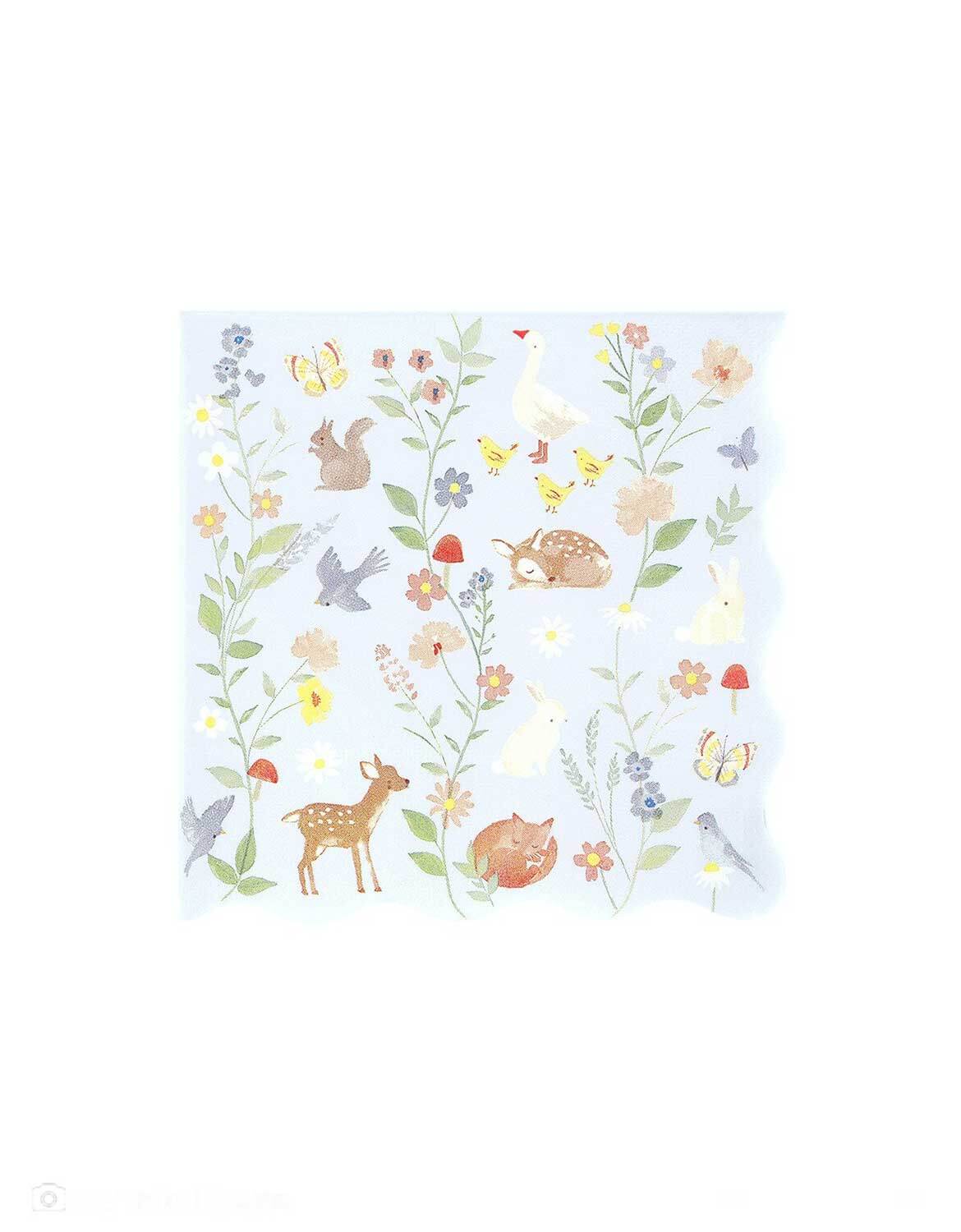 Momo Party's 6.5" cottage inspired large napkin with forest little animal and floral illustrations on it in pastel blue by Meri Meri on a white background.