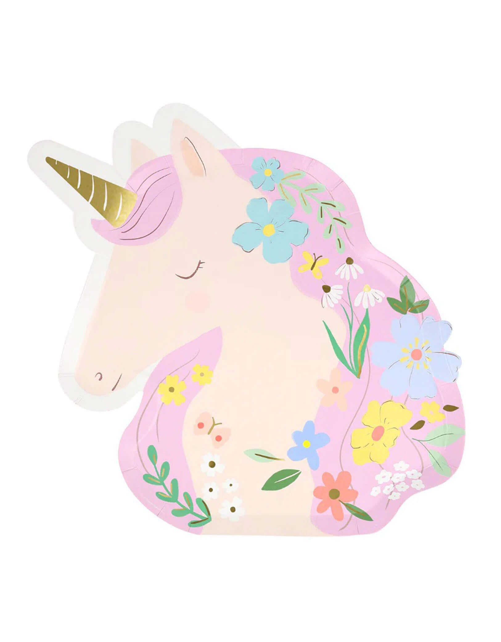 Momo Party's 9.25 x 10 x 0.25 inches unicorn-shaped party plates by Meri Meri with floral design on a white background.