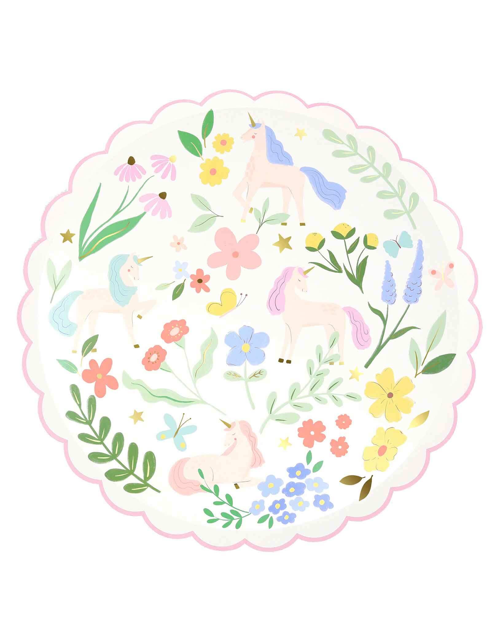 Momo Party's 10.5" Meadow Unicorns Dinner Plate by Meri Meri. These paper plates, with a stylish scalloped border, will instantly make your unicorn or princess party look so magical. Great for mixing and matching with pastel tableware and decorations.