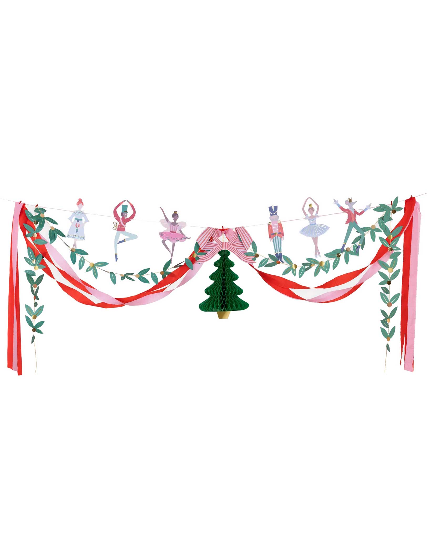 Momo Party's Nutcracker Ballet Party Garland Set featuring banner pennant of Nutcracker's characters including ballerina, the Mouse King, Nutcracker soldier, and Christmas-themed elements like ribbons, honeycomb Christmas tree and paper green foliage decorations by Momo Party on a white background.
