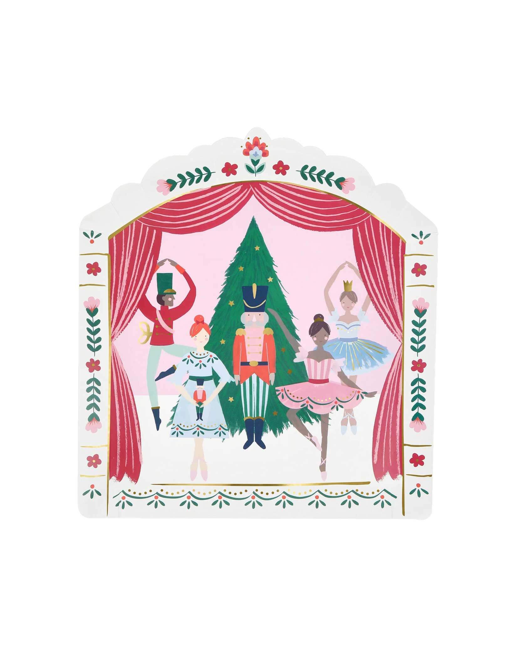 Momo Party's 8.125" x 8.875" x 0.25" Nutcracker ballet stage shaped party plate  featuring the Nutcracker scene with a Christmas tree, stage curtains and festive elements around it on a white background.