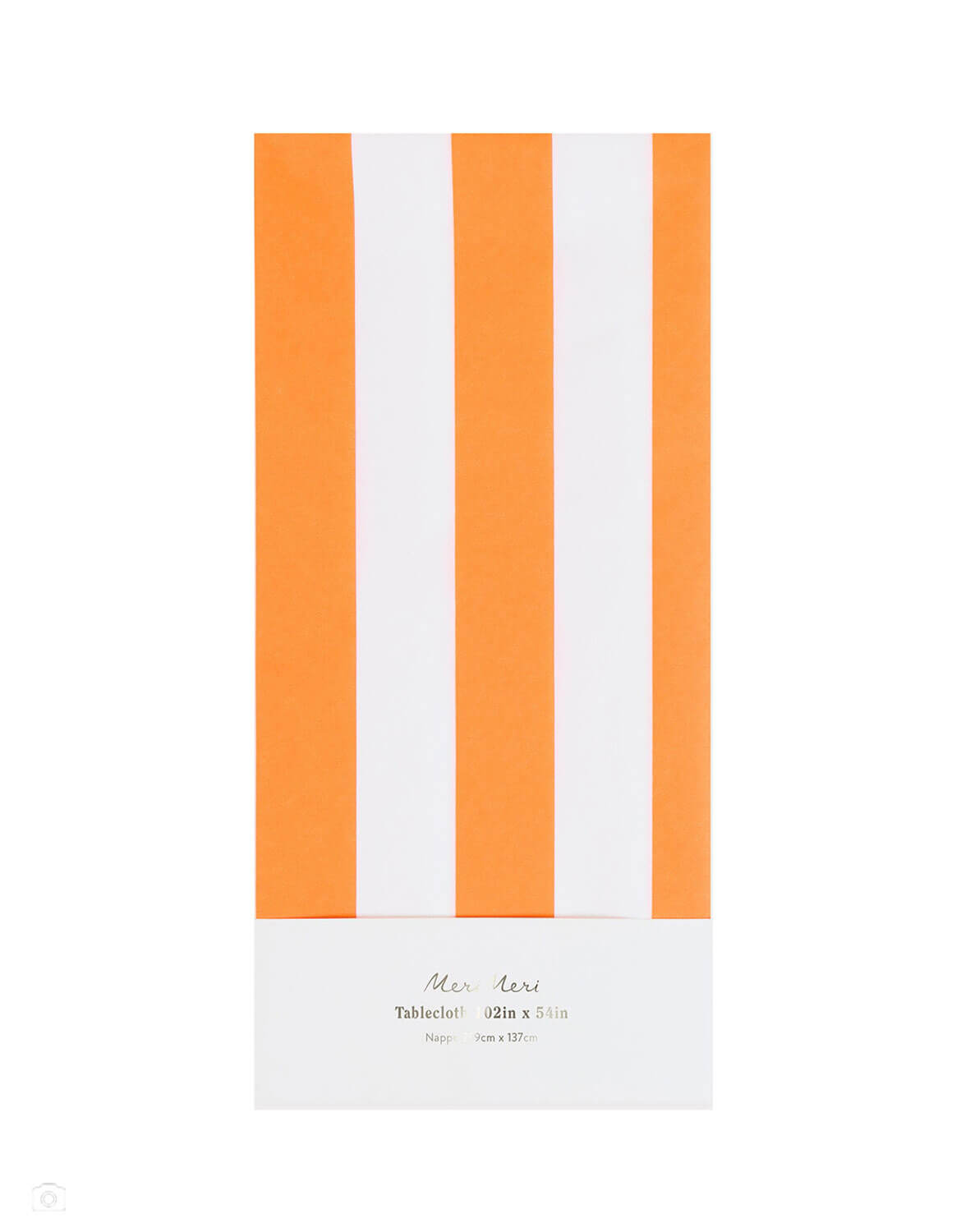 Momo Party's 102" x 54" Orange Striped Tablecloth by Meri Meri against a white background.