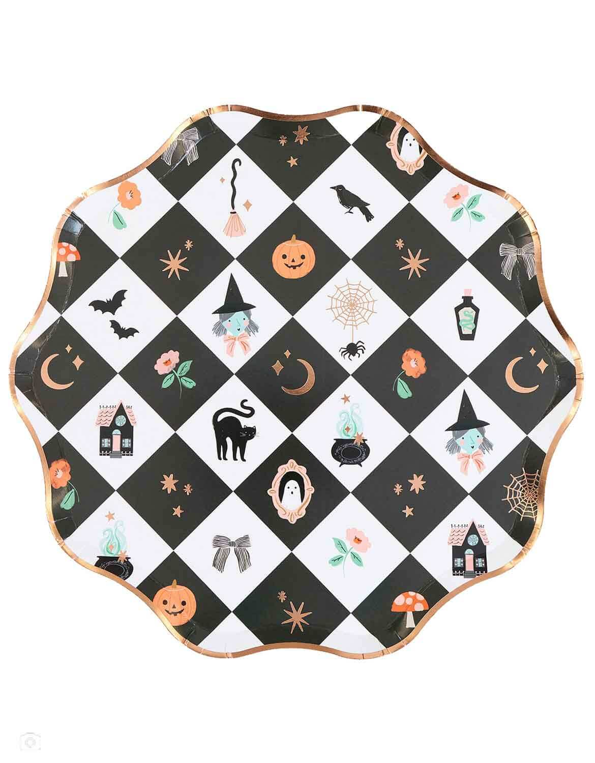 Momo Party's 10.625" x 10.625"  Patchwork Halloween Dinner Plates featuring checkered pattern with Halloween character icons including pumpkins, crows, moons, stars, black cats, witches, bats, and haunted houses with copper foil accents.