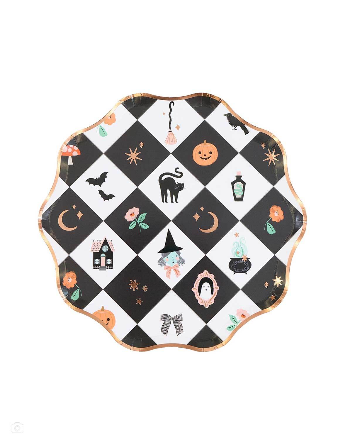 Momo Party's 8.5" x 8.5" x 0.25" Patchwork Halloween Side Plates featuring checkered pattern with Halloween character icons including pumpkins, crows, moons, stars, black cats, witches, bats, and haunted houses with copper foil accents.
