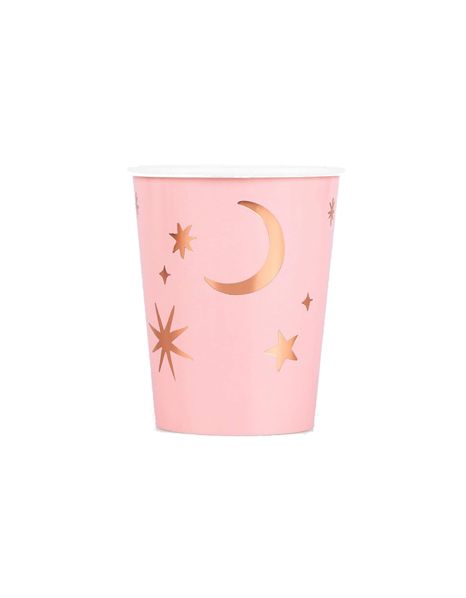 Momo Party's 9 oz pink witch party cup with rose gold celestial designs by Meri Meri on a white background.