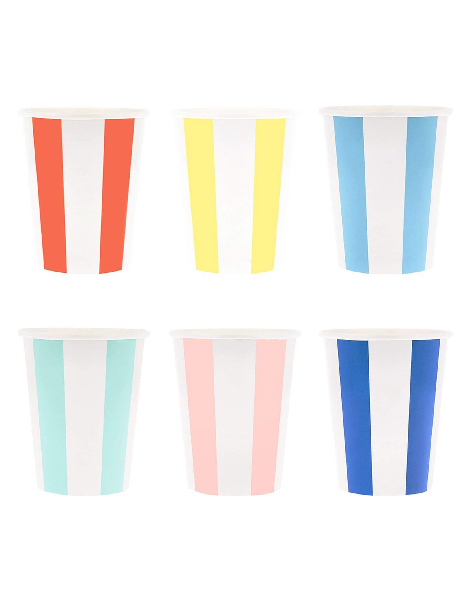 Momo Party's 9oz set of colorful striped paper cups in red, yellow, light blue, mint, pink and dark blue by Meri Meri on a white background.