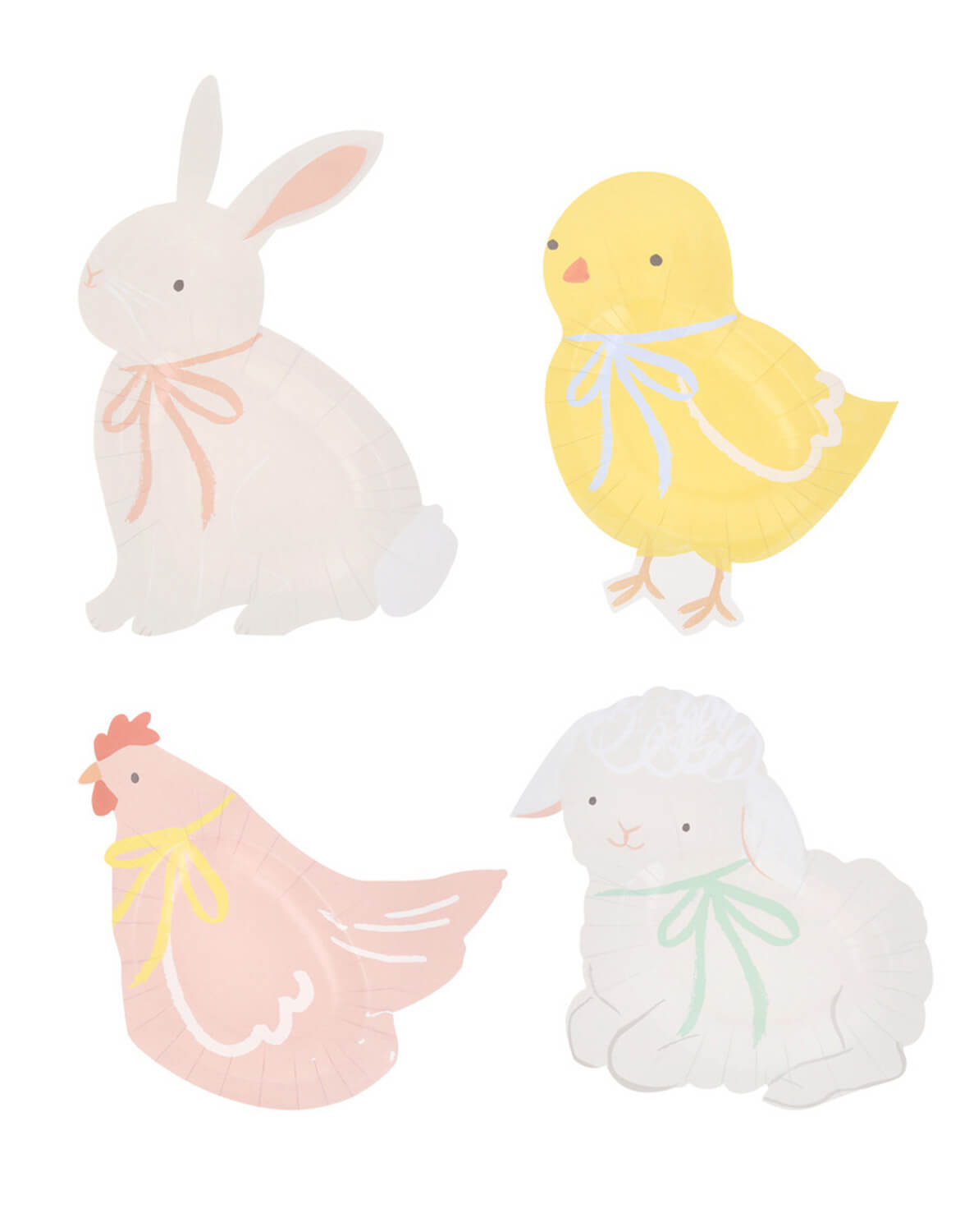 Momo Party's Spring Animal Plate Set featuring four cottage small animal shaped plates including a bunny, a chick, a chicken and a lamb in pastel colors by Meri Meri on a white background.