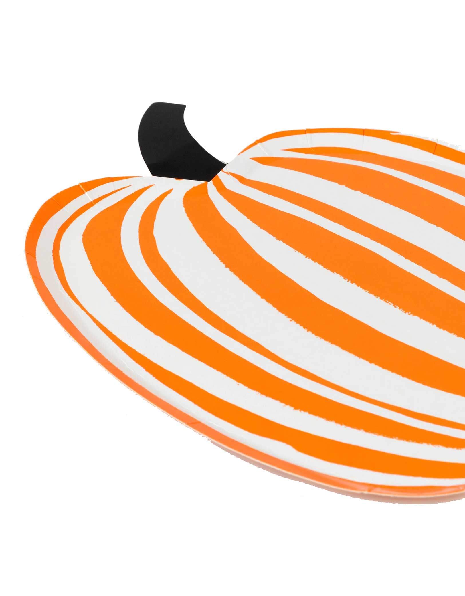 Momo Party's pumpkin-shaped plates with orange and white stripes by Meri Meri on a white background. Momo Party's 7.875" x 10.125" Stripe Pumpkin Paper Plates featuring two pumpkins, one black and white striped, the other orange and white striped by Meri Meri on a white background.